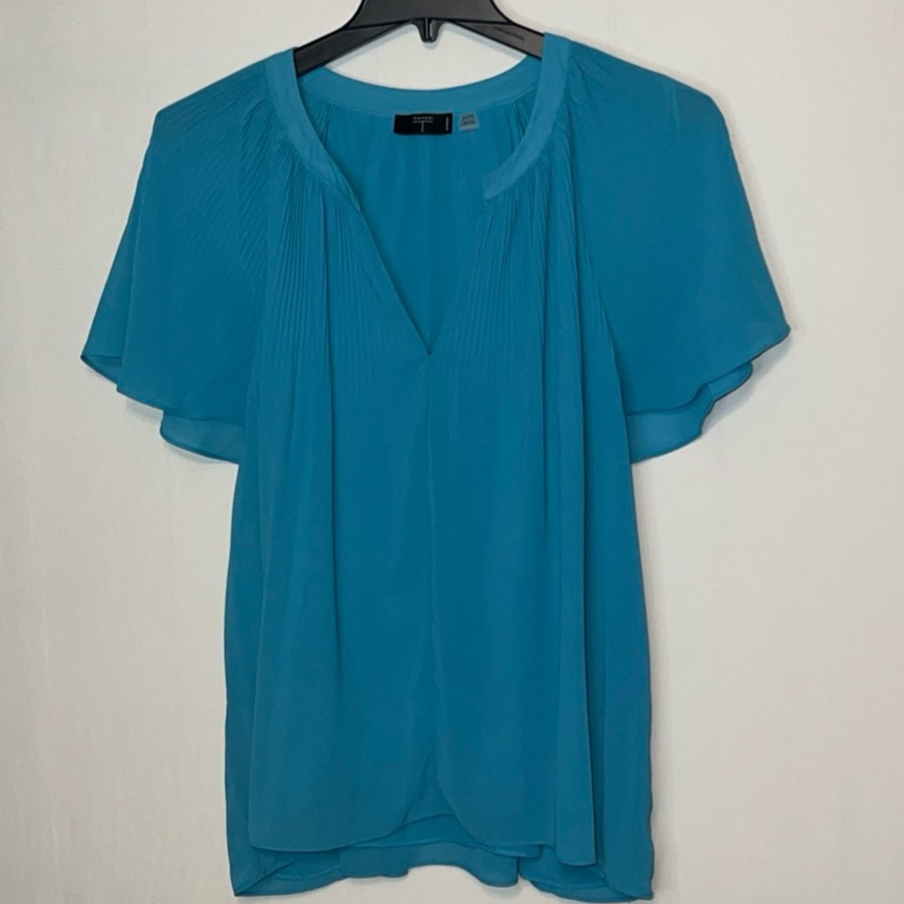 Tahari Womens Pleated Lined Short Sleeve Tunic Top Blue Plus Sz 2X.